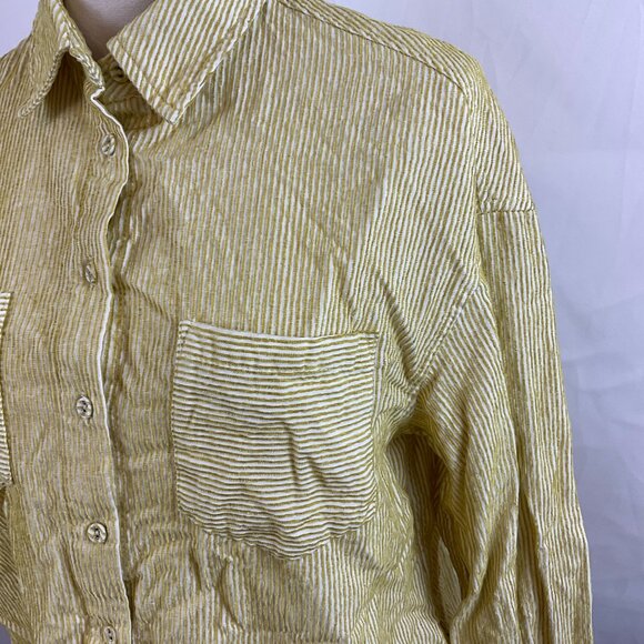 FRNCH Top S Chartreuse White Textured Stripe Cropped Button Front Long Sleeve - Picture 5 of 11